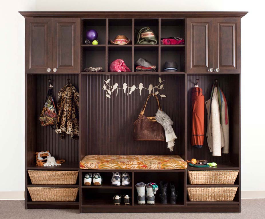 rustic closet with hat rack at the top and shoe rack at the bottom
