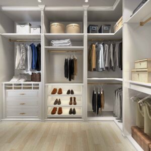 luxury scandinavian wood walk-in closet with wardrobe