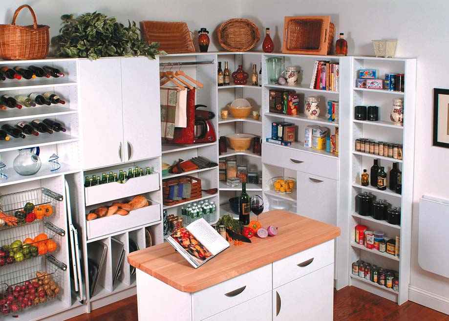 large pantry closet with a counter