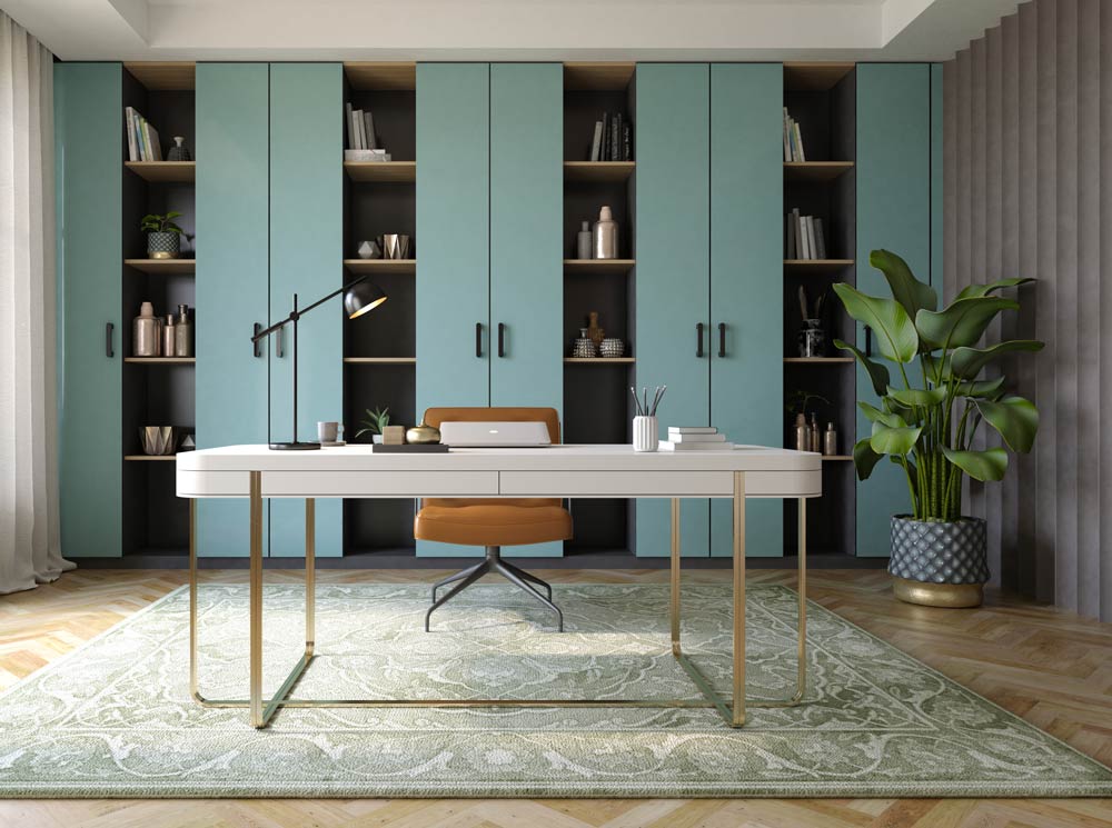 home office with teal built in wall storage