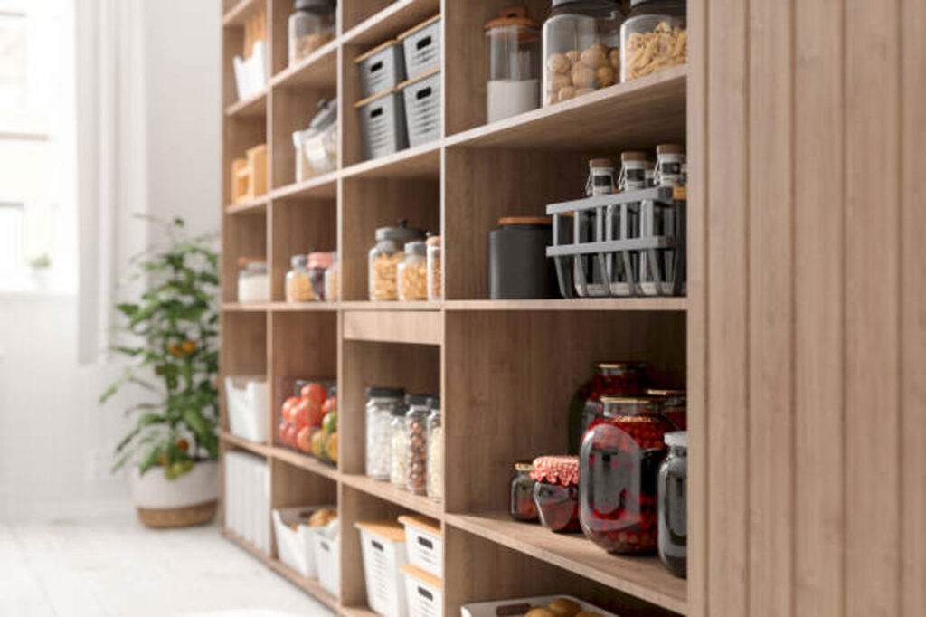 wood wall unit used for organized pantry