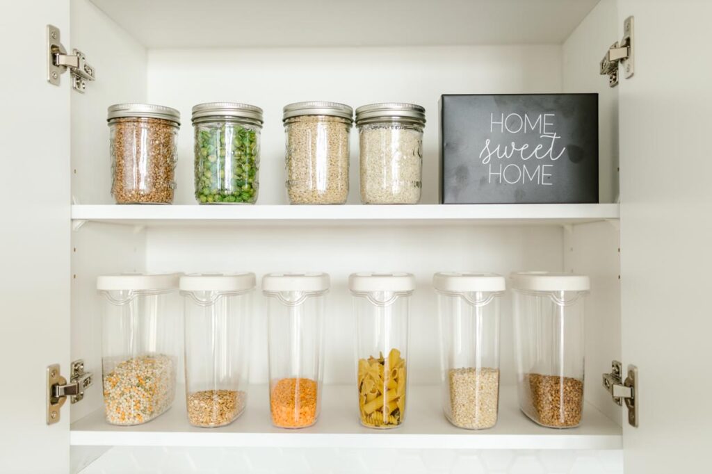 clear plastic containers used to in pantry to separate and organize food items